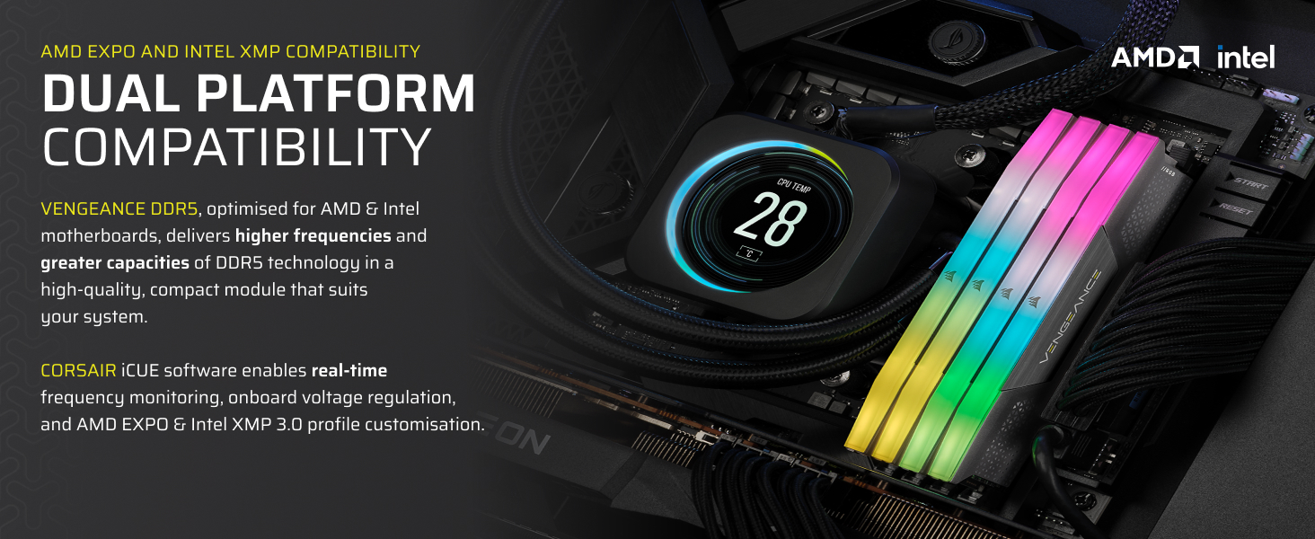 Text reads 'DUAL PLATFORM COMPATIBILITY' with RGB lighting effects shown on computer hardware components. Technical product marketing image with colorful illuminated elements.