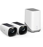 Home security system with two white cube-shaped cameras featuring blue lens rings and a larger white hub device with gray accents.