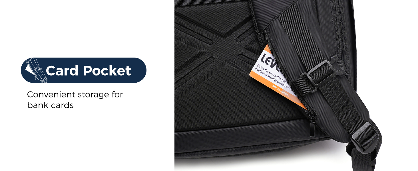 Text reads 'Card Pocket' and 'Convenient storage for cards & more'. Black fabric organizer or pouch with card storage compartment visible on exterior.