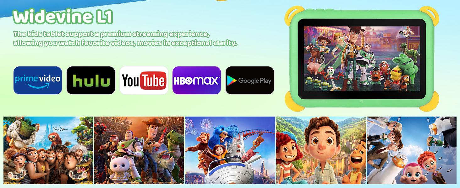 Digital entertainment interface showing streaming service logos including Hulu, YouTube, and various animated characters in a colorful layout.