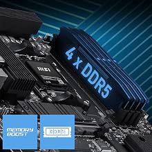 Close-up of black computer motherboard components with heat sinks and four blue icons displayed below showing technical specifications.