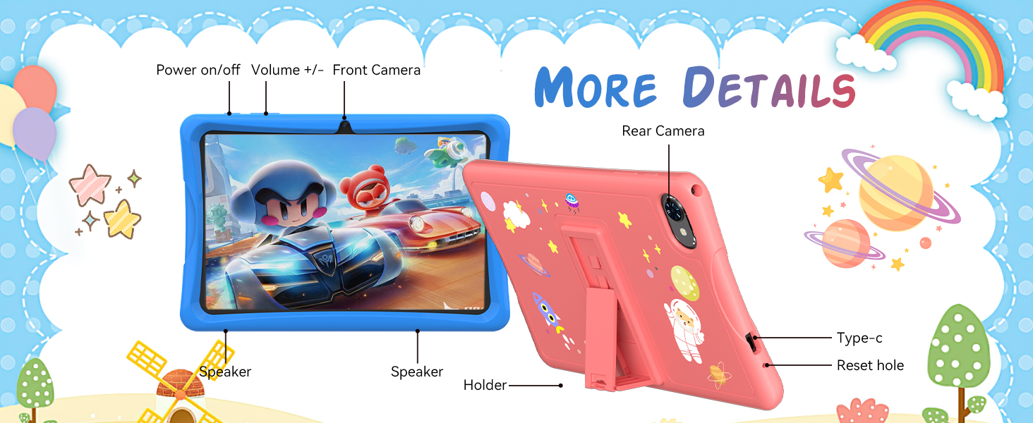 Text reads 'MORE DETAILS'. Decorative children's product information layout with pastel rainbow, cartoon clouds, trees, and stars framing a product image panel.