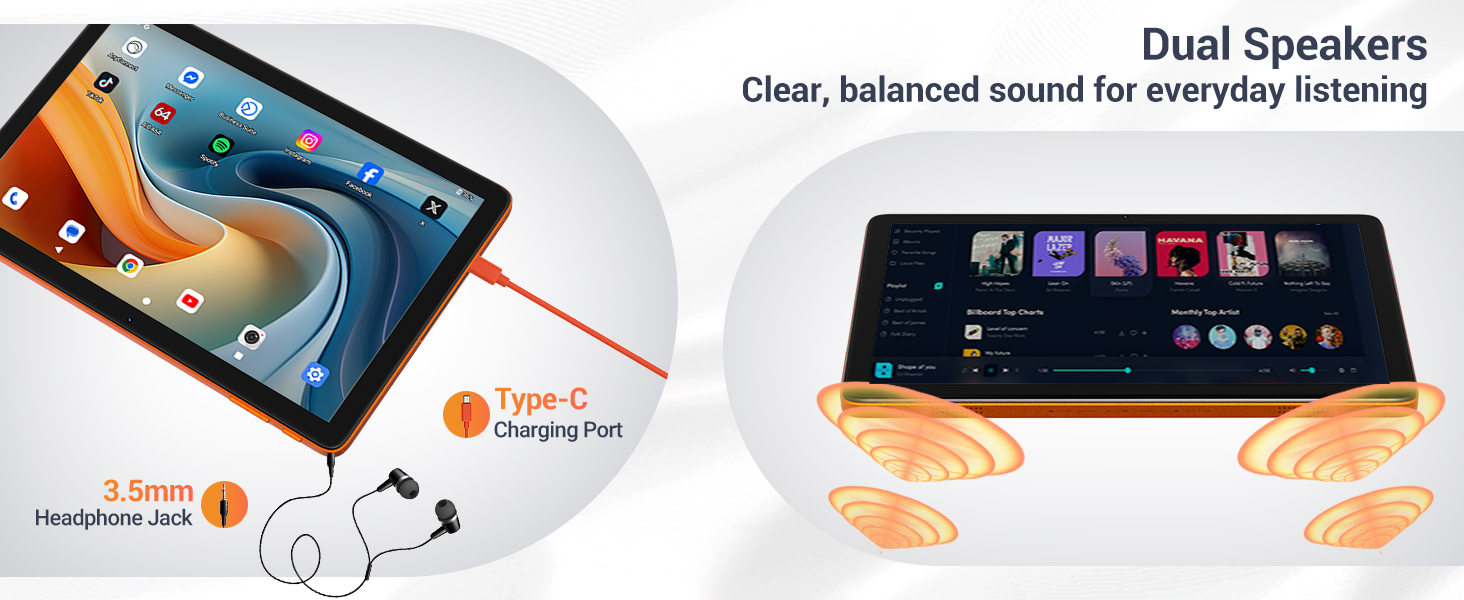 Text reads: 'Dual Speakers' and 'Clear, balanced sound for everyday viewing'. Tablet device showing speaker configuration with audio wave illustrations.