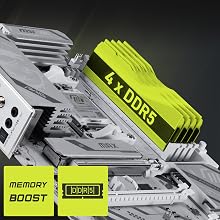 Technical 3D rendering showing multiple isometric views of a complex mechanical assembly in gray against a dark background with neon yellow accent elements and icons.