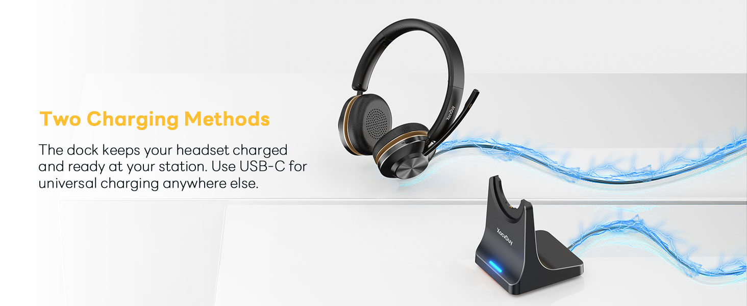 Text reads 'Two Charging Methods' and 'The sleek design you've needed charged anywhere thanks to your pocket on USB-C Universal charging speed incredible.' Black over-ear wireless headphones with blue charging cable and charging dock base displayed.
