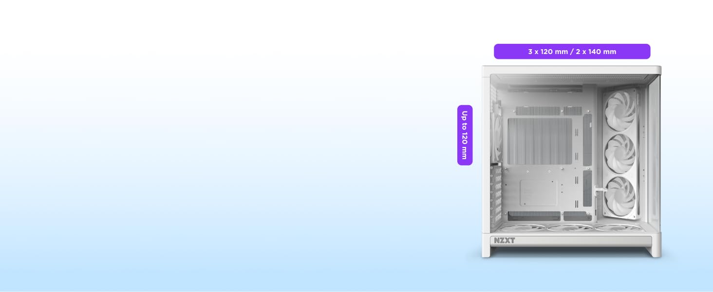 White computer case with three front-mounted cooling fans shown in smaller scale, vertical orientation, matching Image 1 design with purple accent elements on side panel.
