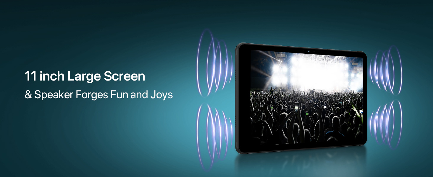 11-inch tablet or display device with concert crowd image, surrounded by speaker wave indicators, highlighting dual-speaker audio system.