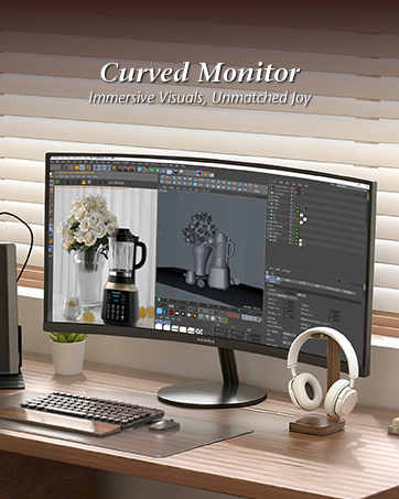 Text reads 'Home Monitor' and 'Slim Design, Professional Performance'. Desktop computer monitor displaying dashboard interface on desk with keyboard, mouse, and office accessories.