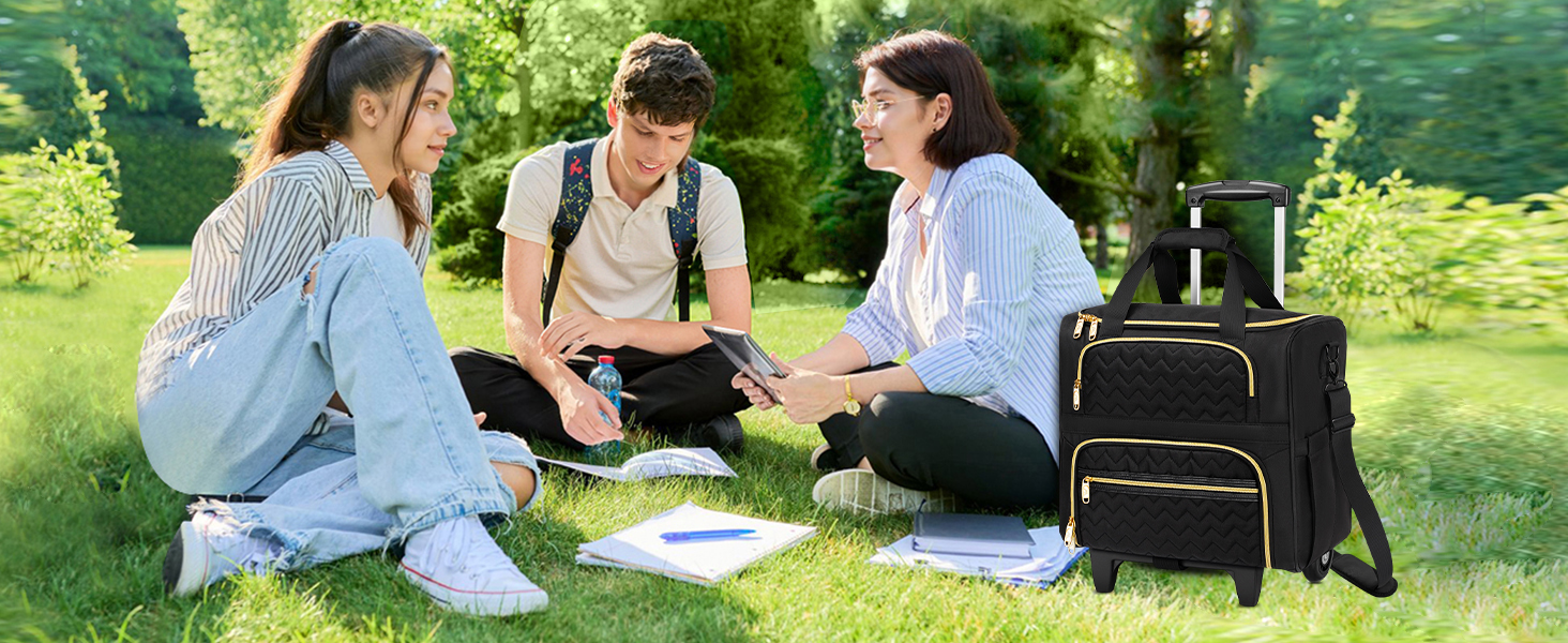 Outdoor picnic scene with people sitting on blankets in a green park setting, featuring bags and casual outdoor gatherings.