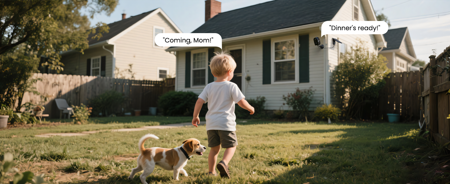 Child running on lawn toward residential house with green grass and trees, depicting outdoor play activity near home.
