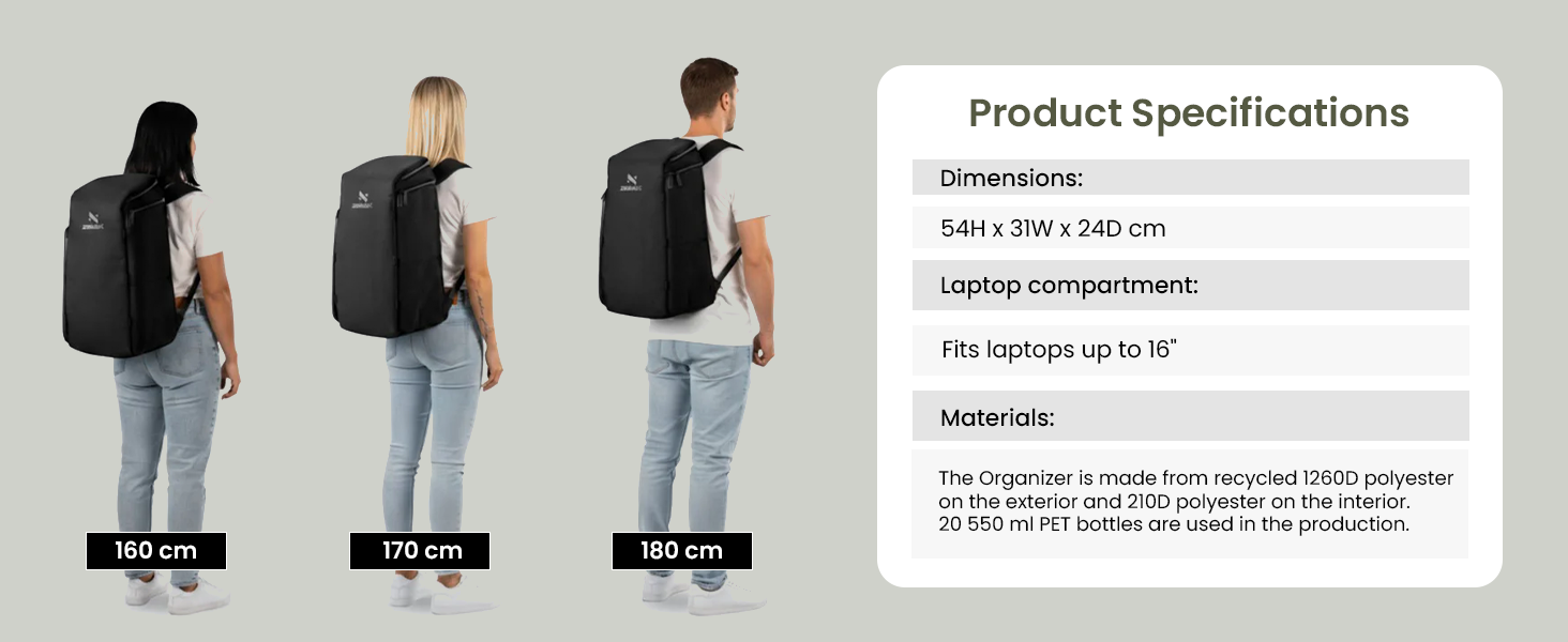 Product specifications shown for black backpack with three views demonstrating fit and size on model. Multiple angles show front, side and back views of the sleek backpack design.