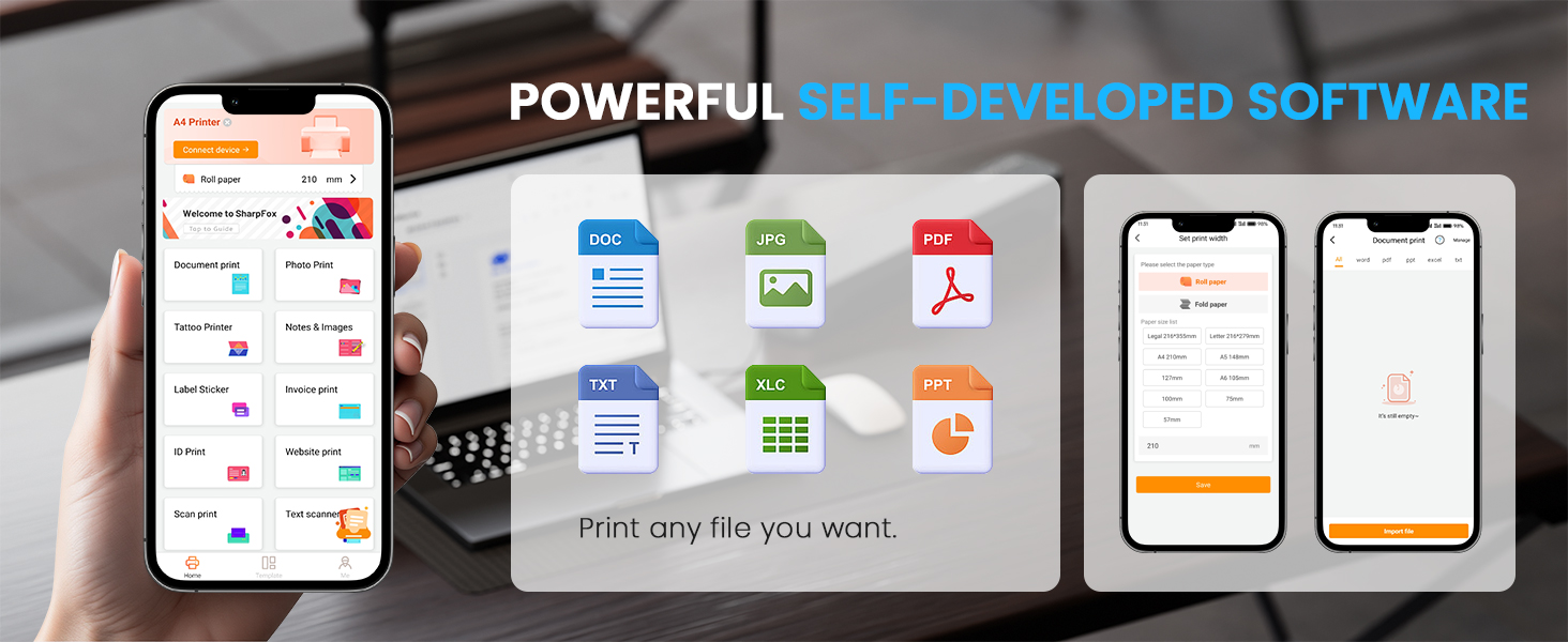 Text reads 'POWERFUL SELF-DEVELOPED SOFTWARE'. Mobile app interface mockups showing various screens and functionalities on smartphone displays against dark background.