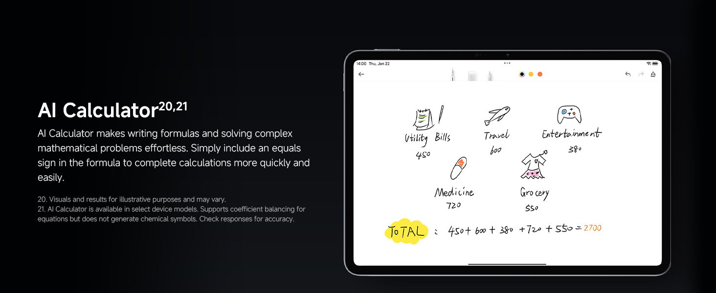 Text reads 'AI Calculator'. Multiple screenshots of mathematical equations and calculations with handwritten-style math problems and solutions on dark background.