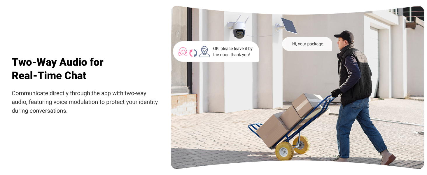 Person using a robotic luggage cart with yellow wheels to transport suitcases. Text describes two-way audio feature for real-time communication.