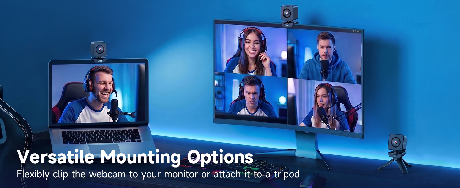 Text reads 'Versatile Mounting Options' and 'Flexibly clip the webcam to your monitor or attach it to a tripod'. Multiple monitors displaying video conference participants with webcam mounting demonstration.