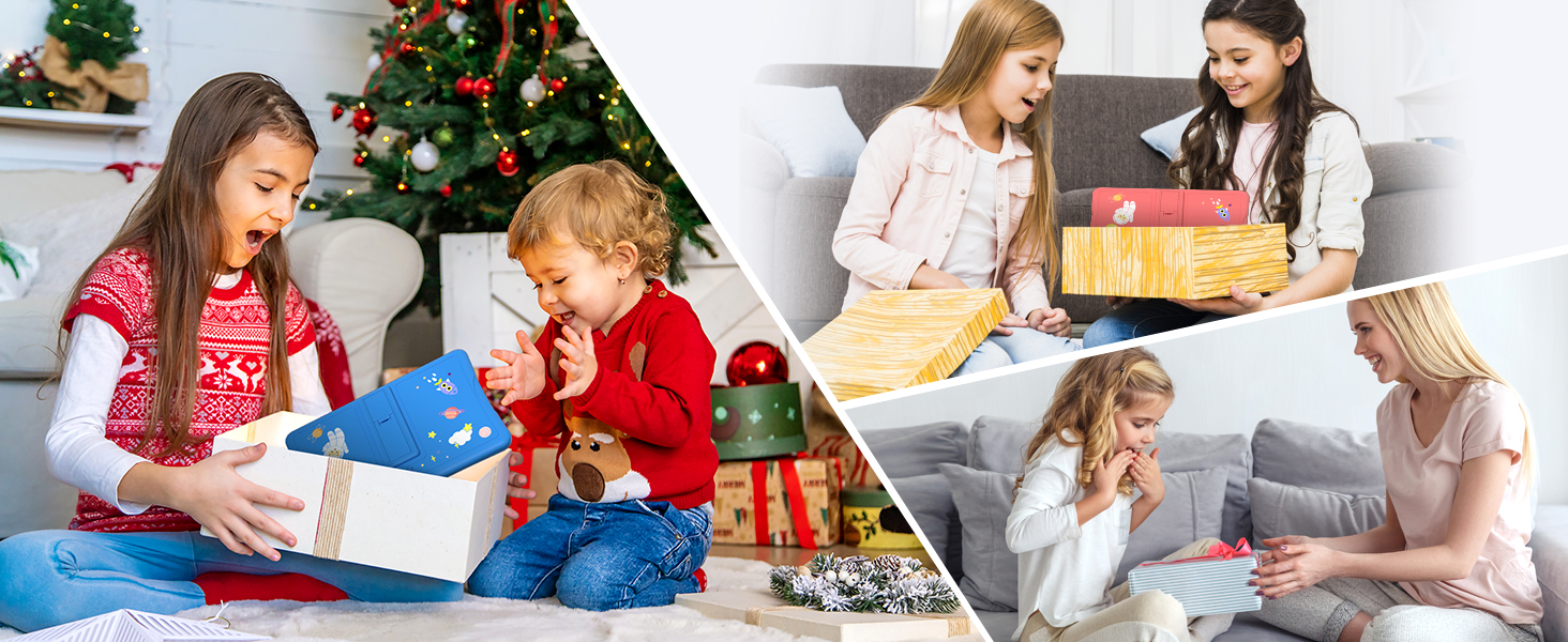 Two scenes: left shows children playing with colorful wrapped presents and toys; right shows adults and children exchanging a wrapped gift indoors during holiday celebration.