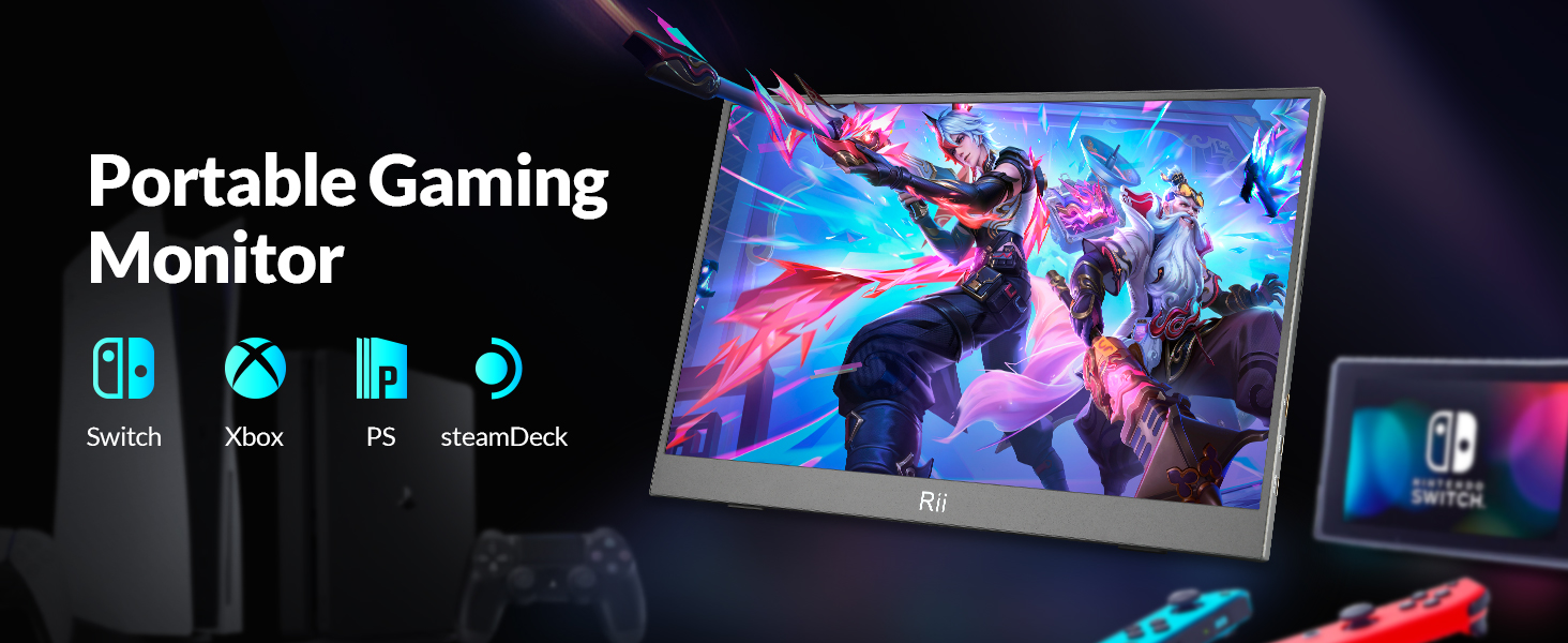 Text reads 'Portable Gaming Monitor' with device compatibility icons. Shows sleek monitor displaying colorful game graphics with Nintendo Switch visible in background.