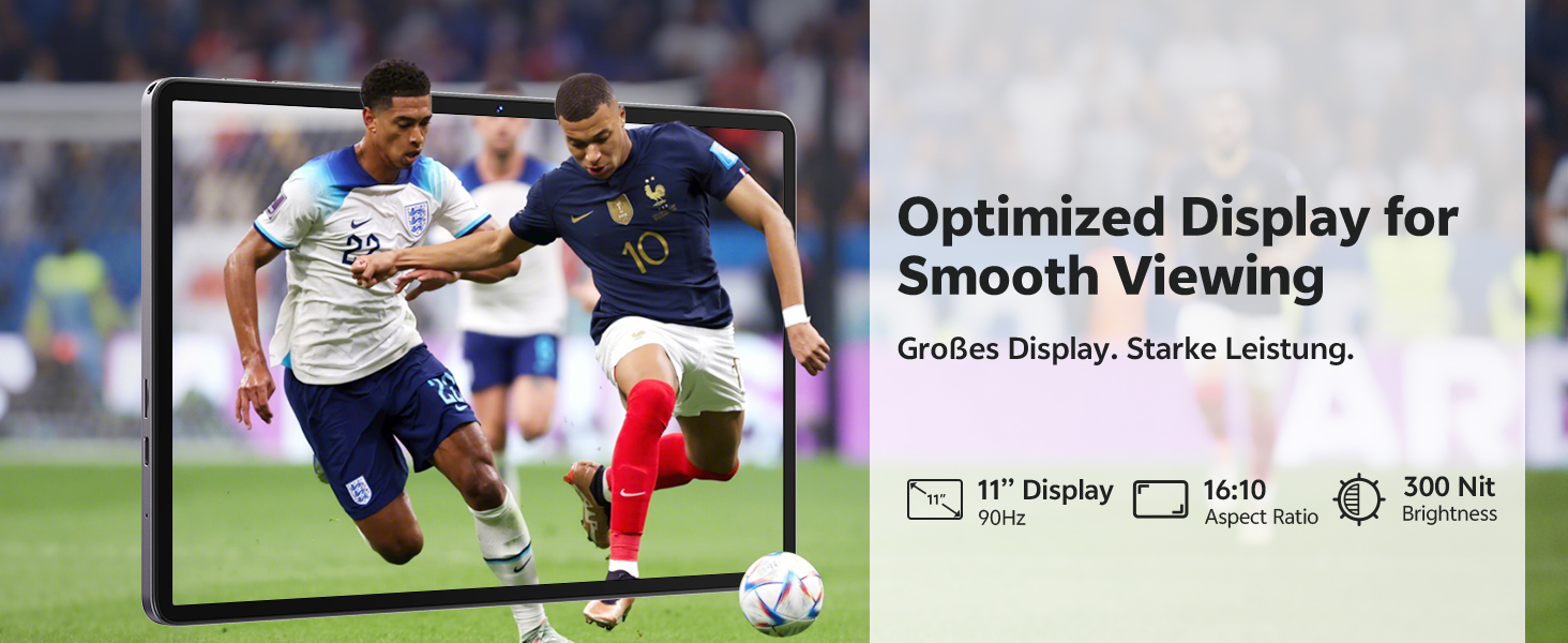 Text reads 'Optimized Display for Smooth Viewing'. Soccer match scene showing players in action with white and blue uniforms.