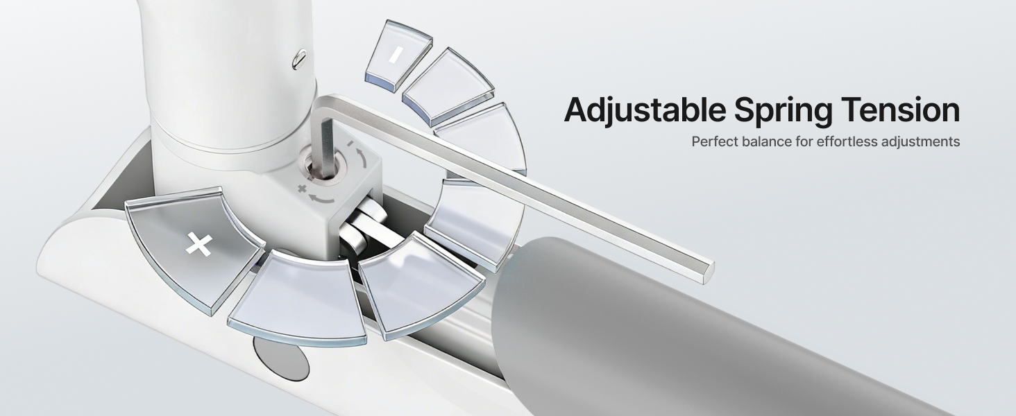 Text reads 'Adjustable Spring Tension'. Close-up of mechanical device showing white and gray components with adjustable spring mechanism and tension control features.