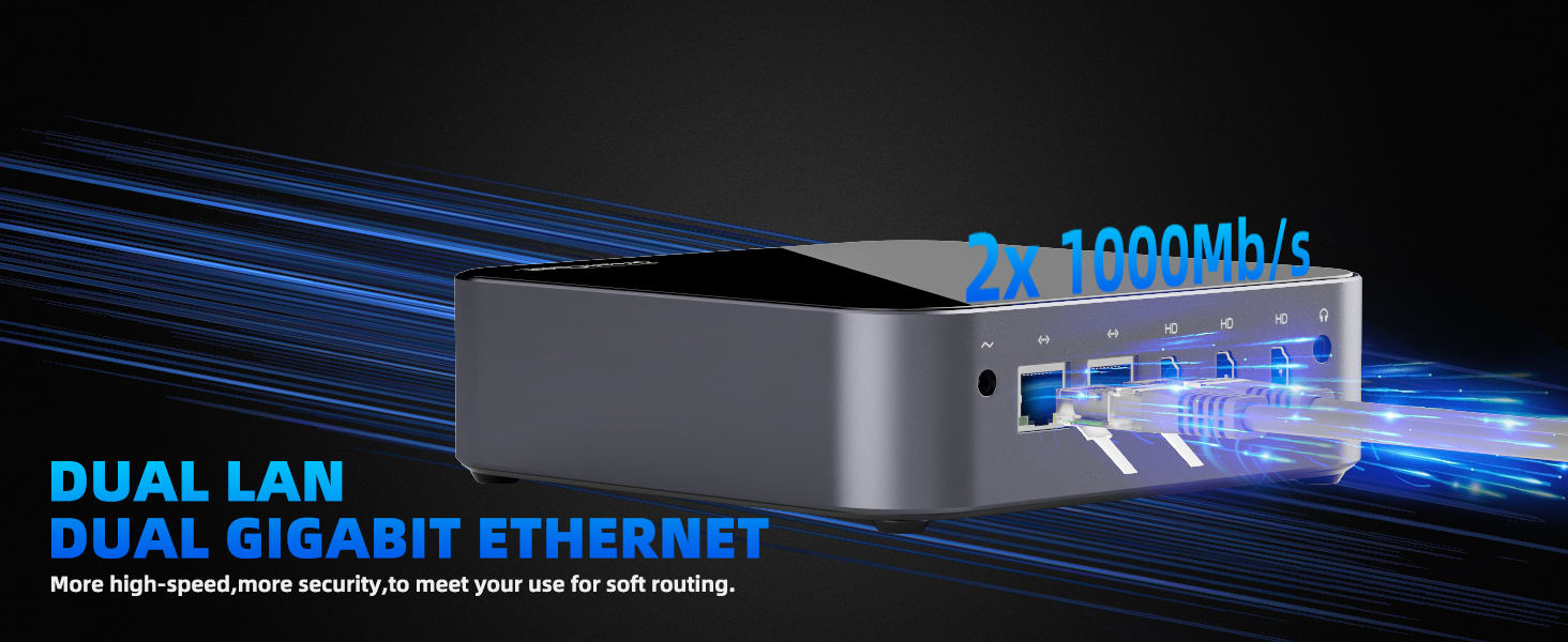 Gray rectangular device showcasing dual LAN connectivity with blue light effects and 2000Mb/s speed indicator for dual gigabit ethernet capability.