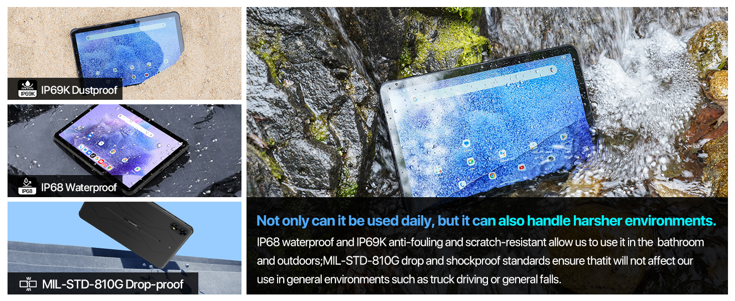 Waterproof electronic device shown in multiple environments with water droplets and splashes, featuring blue protective casing and durability demonstrations.