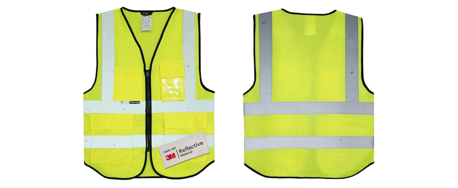 Text reads 'Feuilles de Myrtille'. High-visibility safety vests shown from front and back views, featuring reflective strips on yellow background.