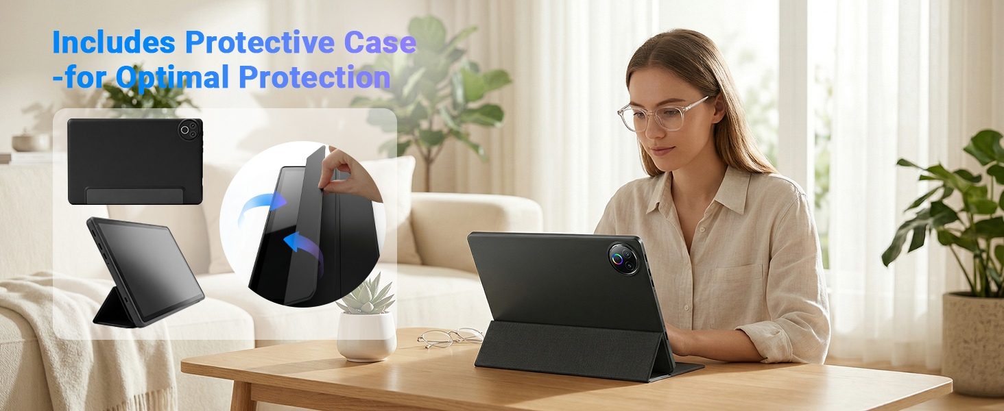 Text reads 'Includes Protective Case -for Optimal Protection'. Woman working at desk with tablet and protective case visible. Modern office setting with plants and laptop.