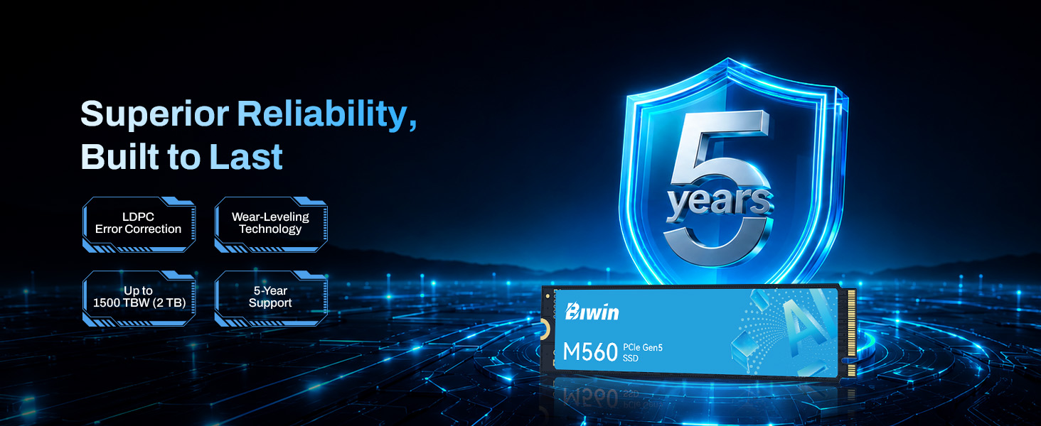 Text reads 'Superior Reliability, Built to Last' with certification badges and blue shield emblem showing '5 years'. Product reliability and warranty promotion displayed with technical specifications highlighted against dark background with digital design elements.