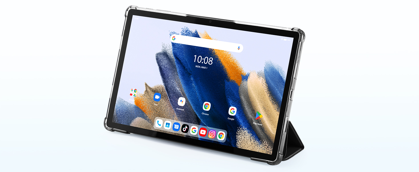 Tablet device in protective case standing upright, displaying colorful home screen with app icons and time.