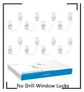 No-drill window lock set showing six white lock units with adjustment dials, packaged with installation components in a blue and white box.