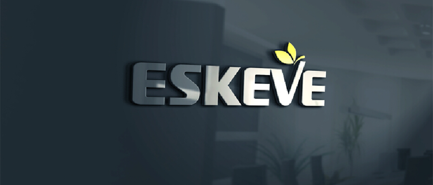 Dark gray logo reading 'ESKEVE' with a small yellow leaf accent, displayed against a shadowed background.
