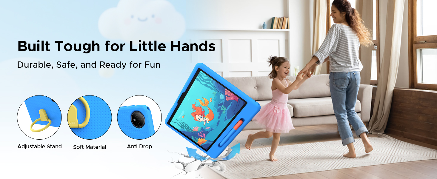 Text reads 'Built Tough for Little Hands' and 'Rugged. Drop Tested. Waterproof.' Child using blue waterproof tablet device indoors.