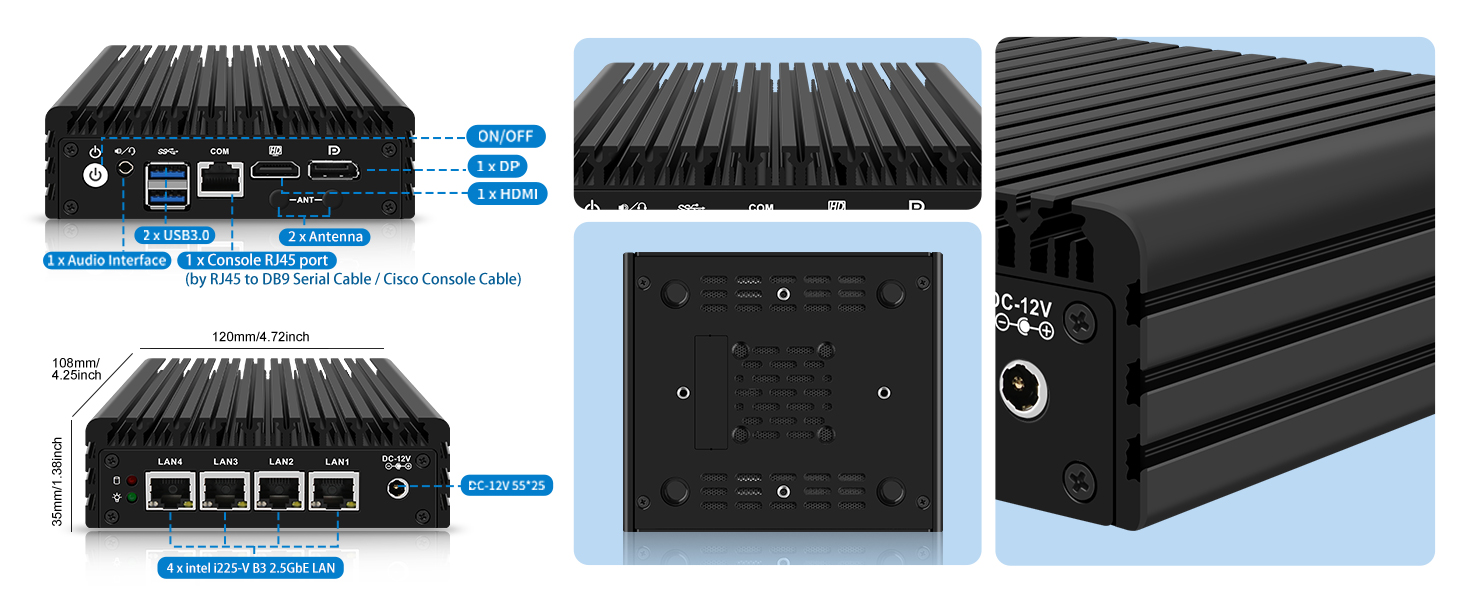 Multiple views of a black industrial computer or networking device with heat sink fins. Shows front ports, side profile, and mounting options. Multiple ethernet ports visible.
