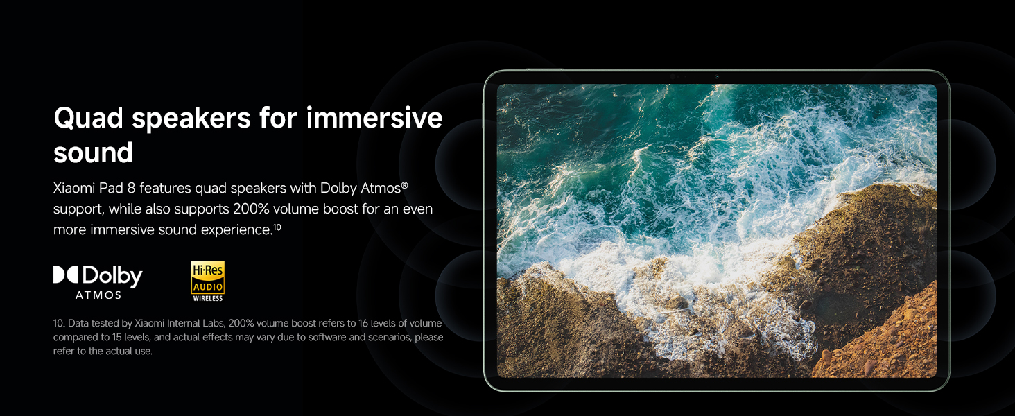 Text reads: 'Quad speakers for immersive sound'. Marketing image showing aerial ocean wave photography with speaker specification text overlay.