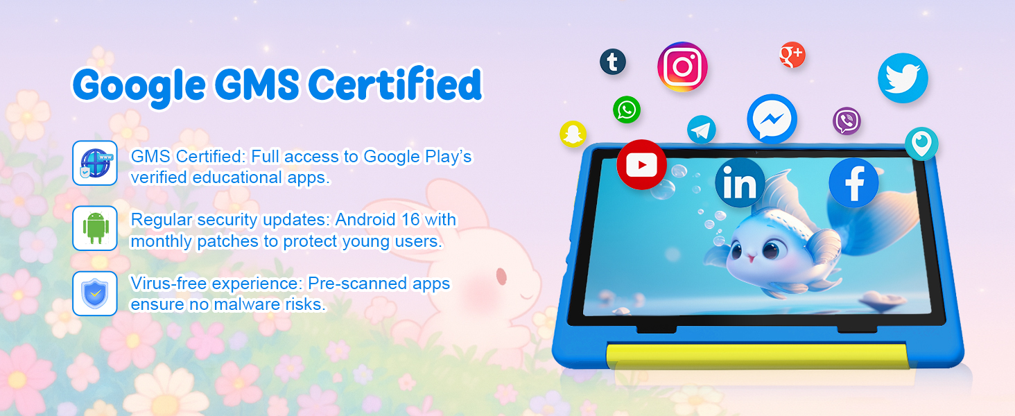Text reads 'Google GMS Certified'. Blue tablet device displaying app icons and interface with social media symbols around it. Product certification badge visible with descriptive text about device capabilities.