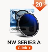 Text reads 'NW SERIES S' and 'Click+'. Orange and black camera lens or optical device product shown with '20' indicator badge in top corner.