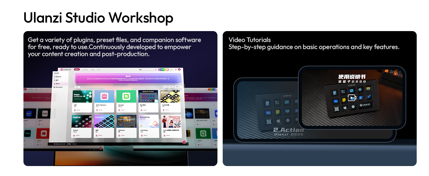 Multiple interface screenshots showing dark-themed software or application screens with various menu options and settings panels.