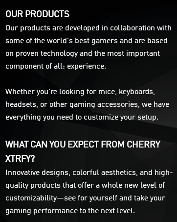 Text reads 'CHERRY XTREY' and 'German engineering and Swedish design, quality, performance, and attention to detail - for precision, durability, and that moment WITH EMG young classic...'