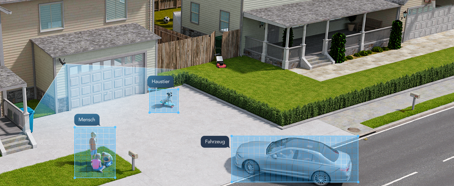 Illustration of smart home features including electric vehicle charging, security camera, and automated temperature control in a residential setting.