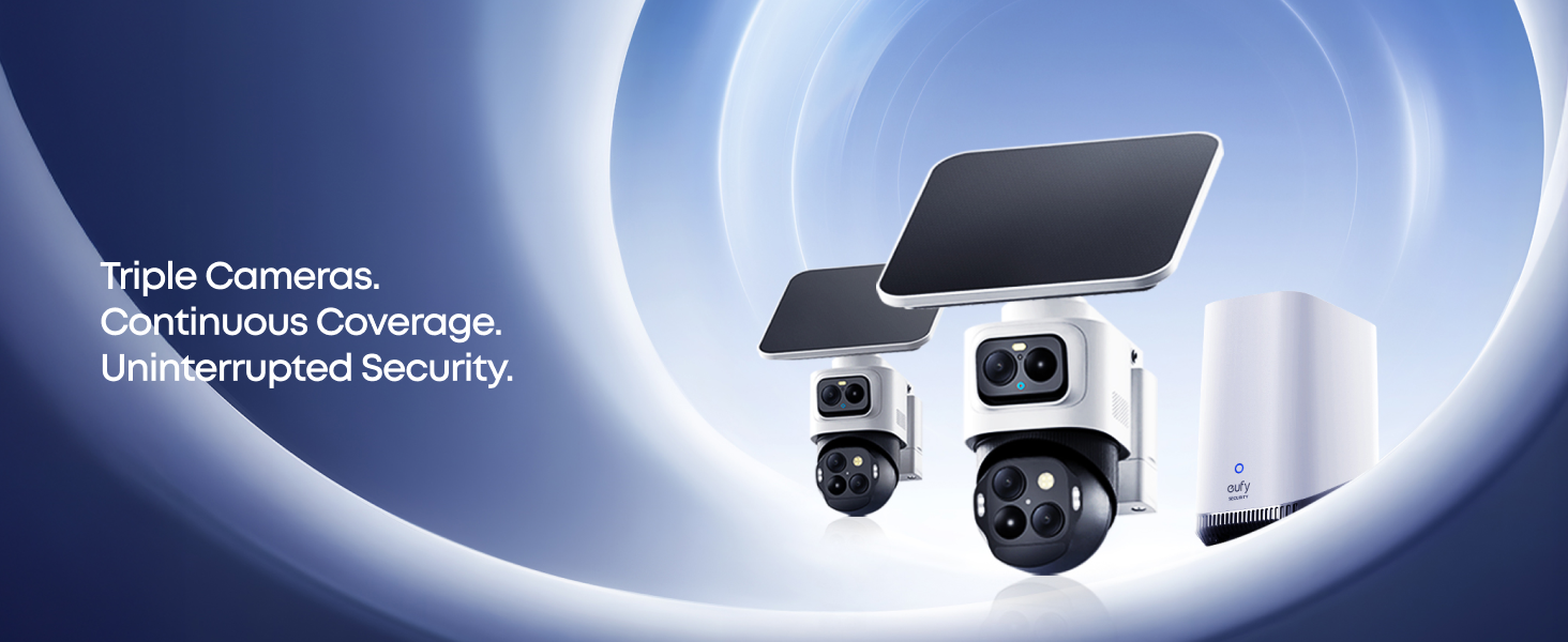 Text reads 'Distributed Coverage, Uninterrupted Security'. Marketing image showing multiple security cameras against a blue-tinted background.