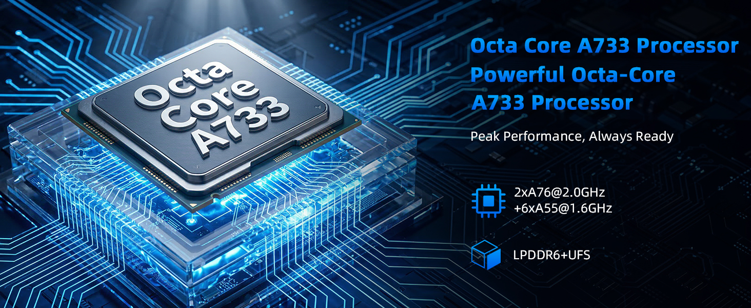 Text reads 'Octa Core A73 Processor,' 'Snapdragon Octa-Core,' 'A73 Processor,' 'MediaTek Helio G99 Performance,' 'QUALCOMM,' and 'UNISOC.' Digital blue circuit board pattern background showing processor technology specs.
