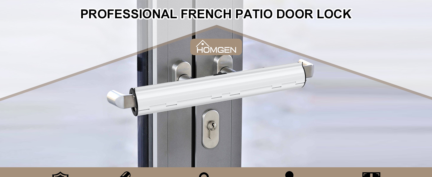 Text reads 'PROFESSIONAL FRENCH PATIO DOOR LOCK'. Series of installation images showing a white door lock mechanism being mounted on a glass sliding door.