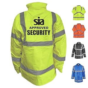 Security jacket with reflective stripes, shown in navy blue. Inset images display similar jackets in black, orange, and yellow, all featuring high-visibility designs.