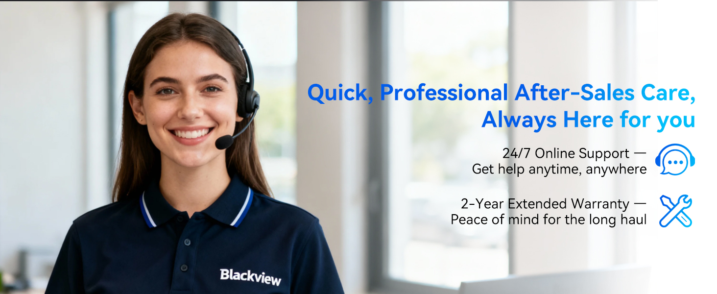 Text reads 'Quick Professional After-Sales Care. Always Here for you' and '24/7 Online Support, 2-Year Extended Warranty, Return & Free for 30 days'. Woman in dark jacket smiling at camera in professional setting.
