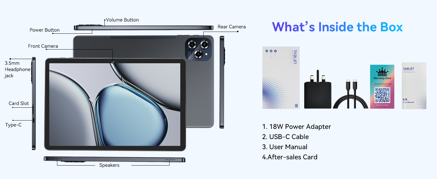 Text reads 'What's Inside the Box'. Product package contents display showing tablet or electronic device with included accessories laid out.