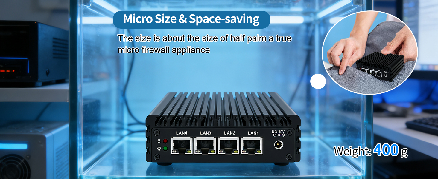 Text reads 'Micro Size & Space-saving'. Technical product image showing a compact device with digital display against blue technological background.