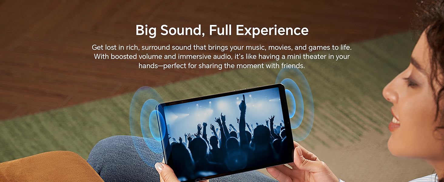 Text reads 'Big Sound, Full Experience'. Entertainment or audio device marketing image showing silhouetted concert crowd and viewing experience.