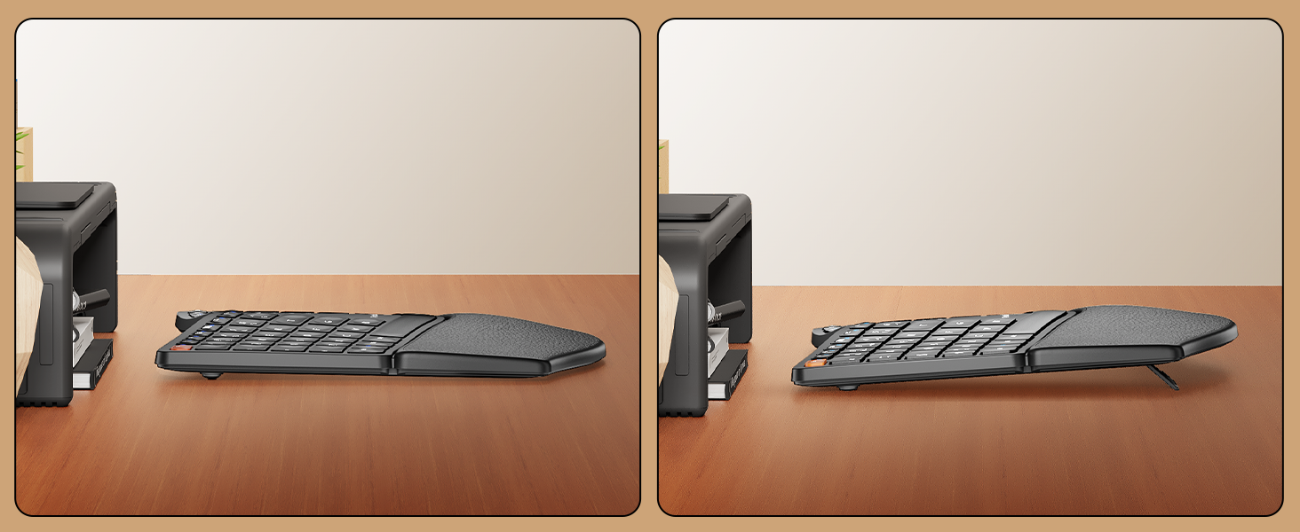 Ergonomic split keyboard on wooden surface. Two-piece design with contoured keys and integrated wrist rest. Adjustable tilt legs visible on sides.