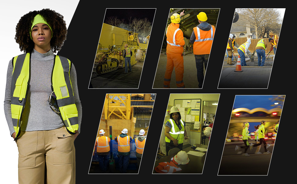 Collage of industrial safety images. Worker in yellow vest, various workplace scenes with workers in orange safety gear.