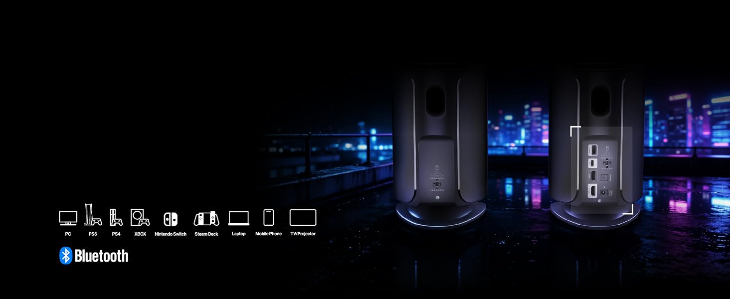 Dark product display with blue LED lighting showing multiple electronic devices. Row of icons or symbols visible at top.